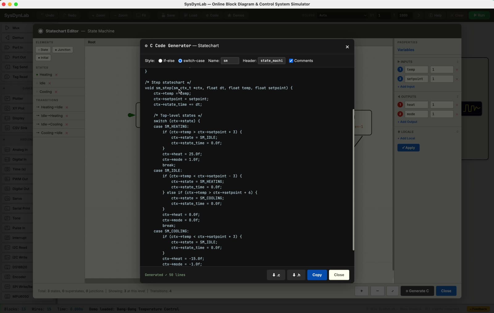 SysDynLab generating MISRA-clean C code from a state machine diagram.
